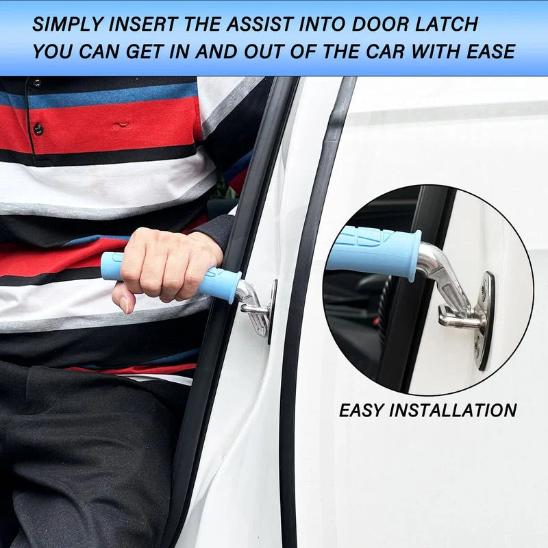 Person using blue car door assist handle for easy vehicle entry - simple installation demo