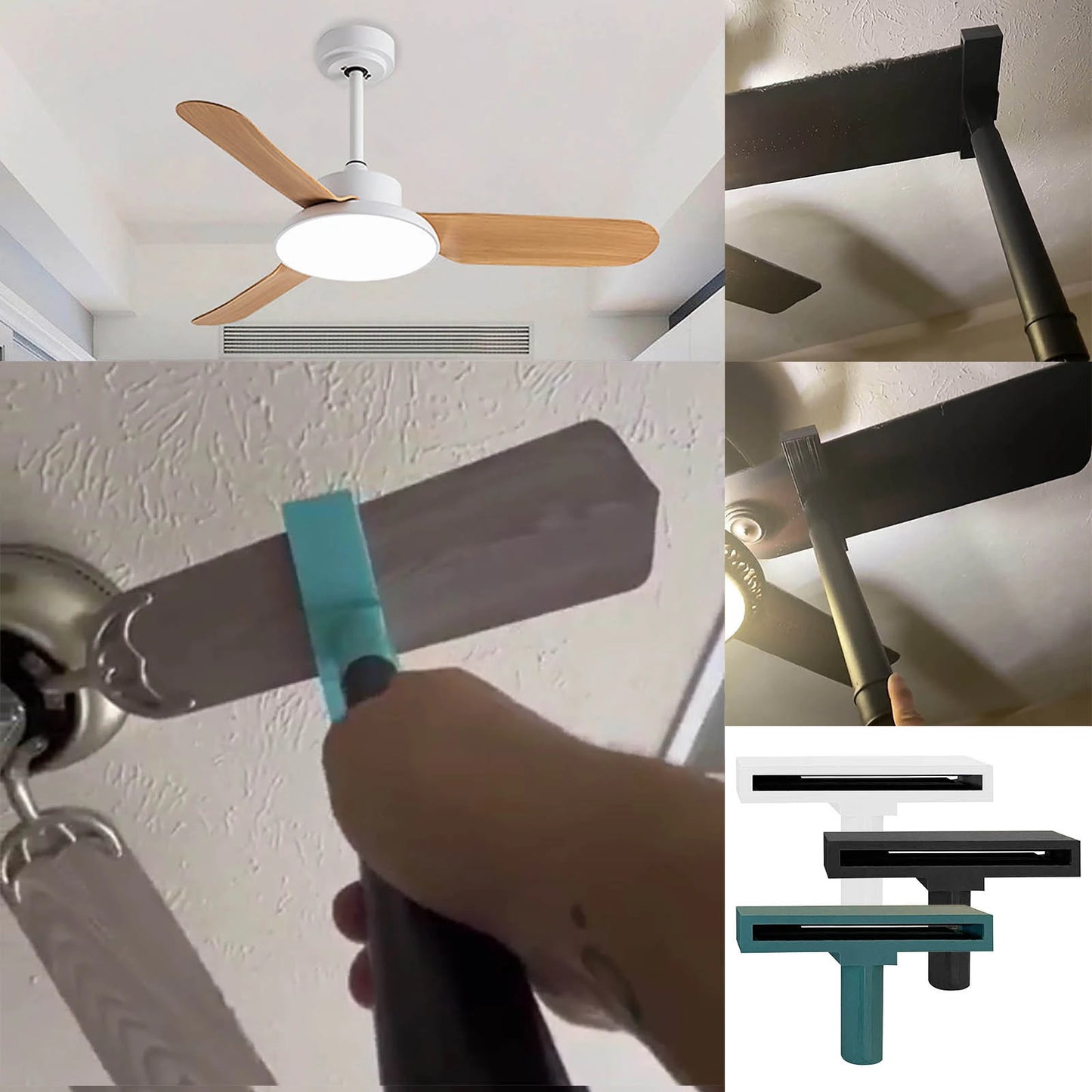 Person using ceiling fan brush on white fan blades with vacuum pole extension reaching high without ladder