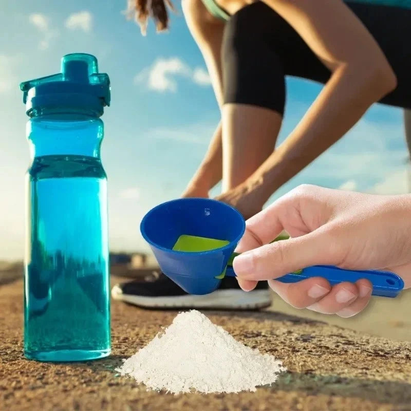 Person using measuring scoop funnel to transfer protein powder into shaker bottle without spills
