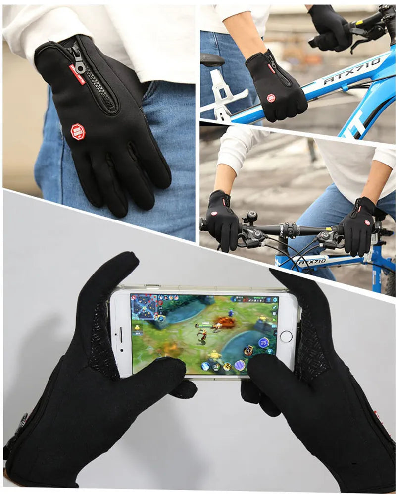 Person using smartphone with touchscreen winter gloves while cycling