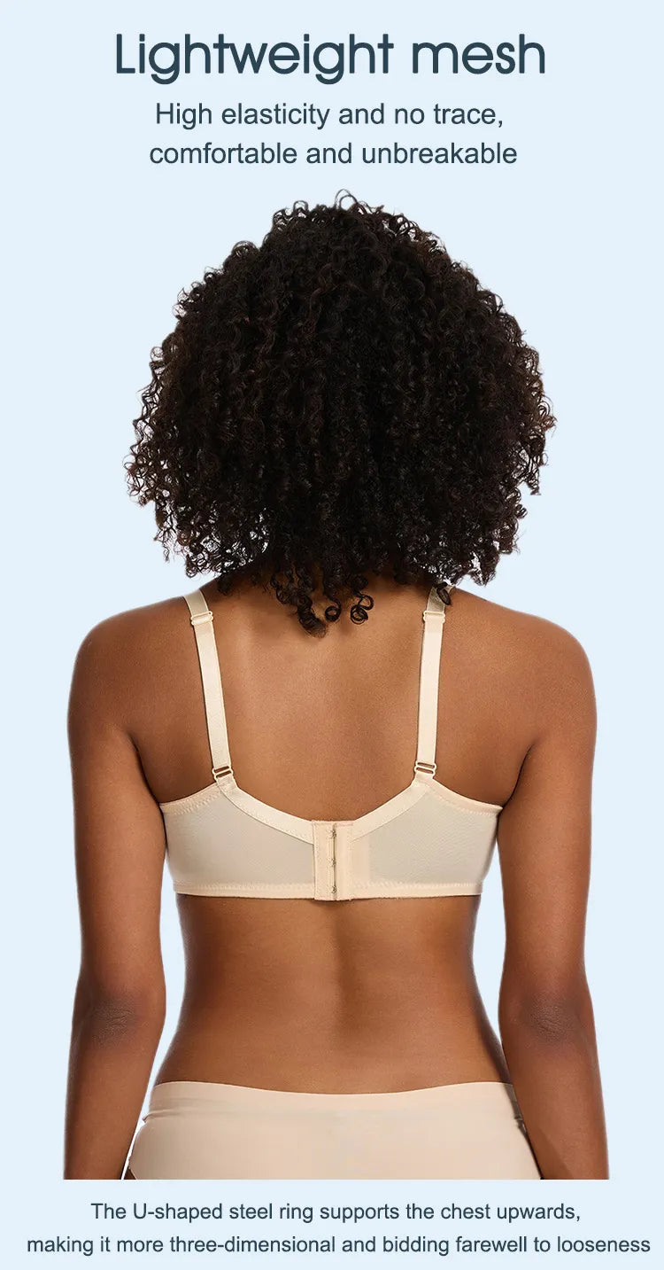 Person wearing a beige bra with text about lightweight mesh and comfort on a light blue background
