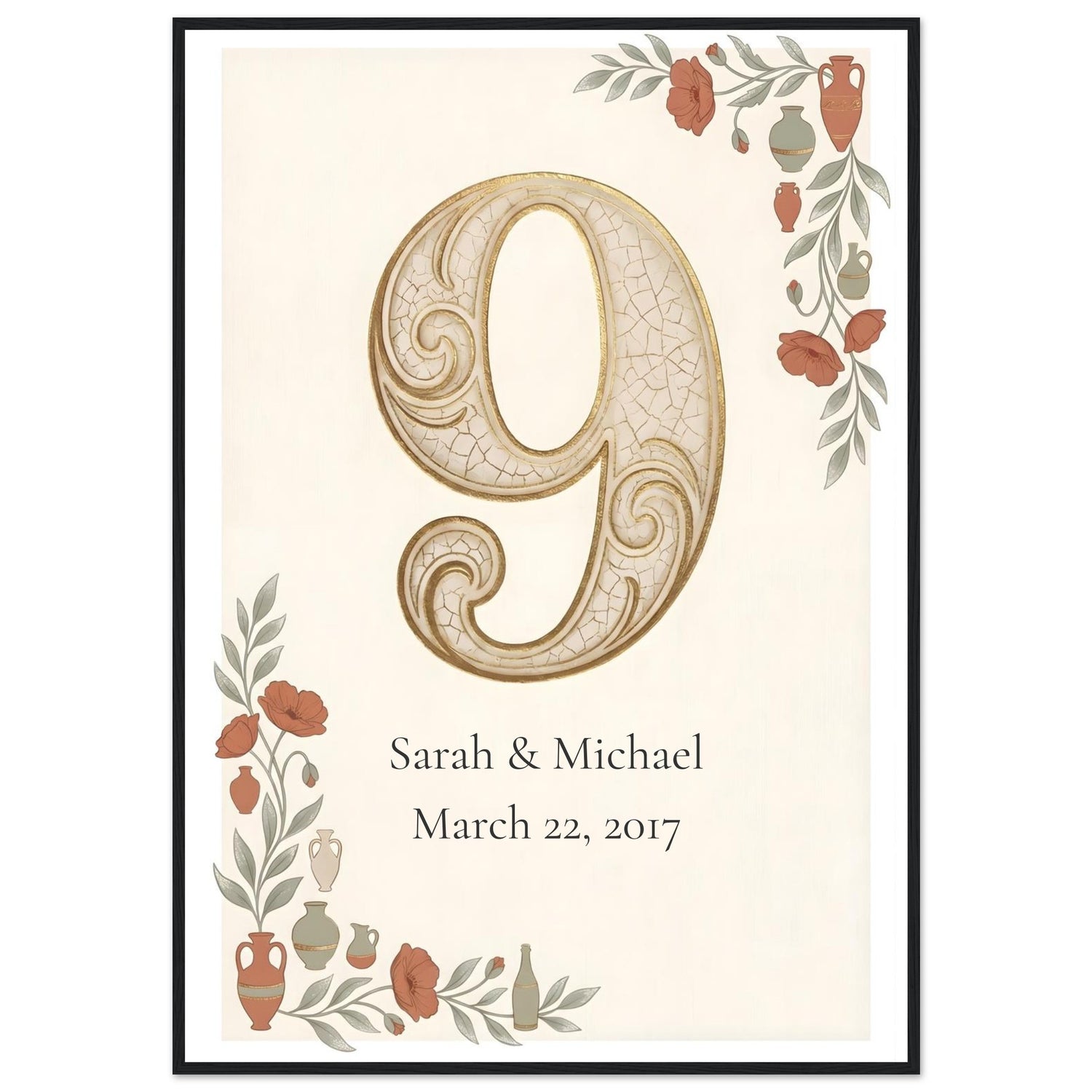 Personalized framed poster 9th anniversary gift with floral and vase designs on a beige background