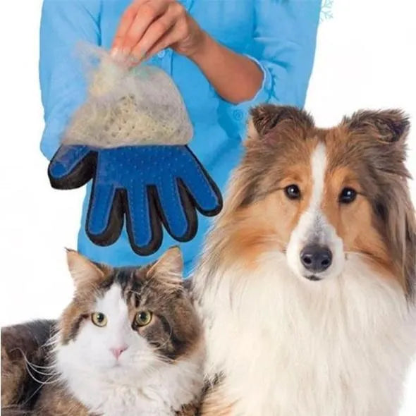 Pet grooming glove under water showing easy cleanup and washable design