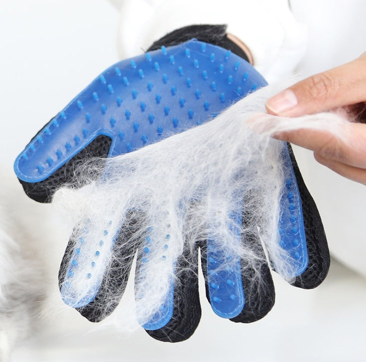 Pet hair remover glove showing collected fur from grooming session
