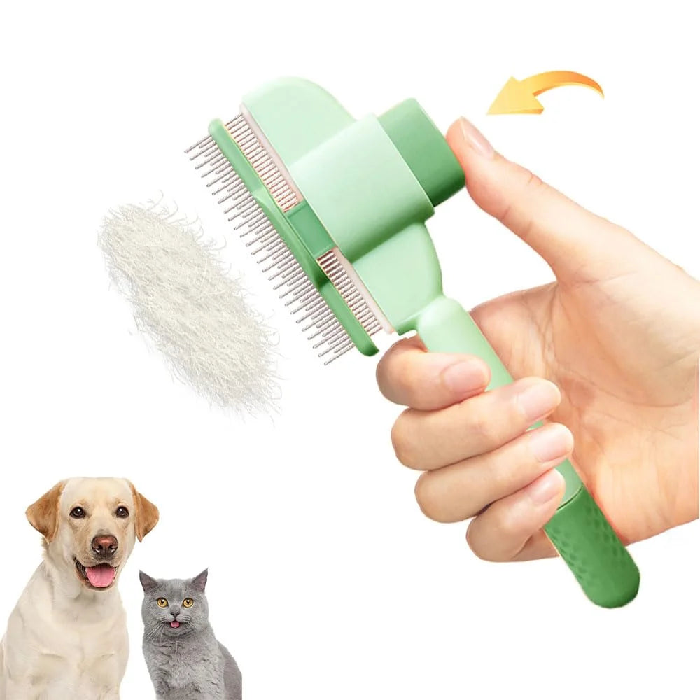 Pet self cleaning comb with yellow ABS handle and stainless steel rounded teeth for cats and dogs