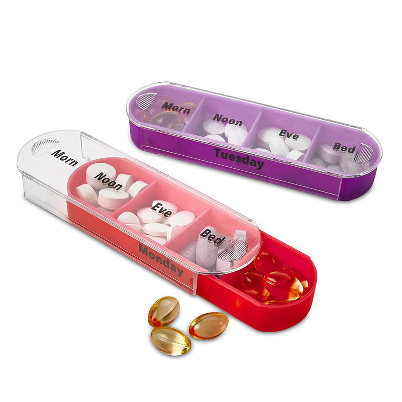 Pill organizer 4 times a day showing removable daily trays morning noon eve bed