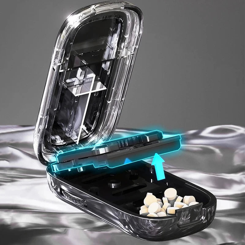 Pill splitter with hidden stainless steel blade and adjustable alignment slot for tiny pills