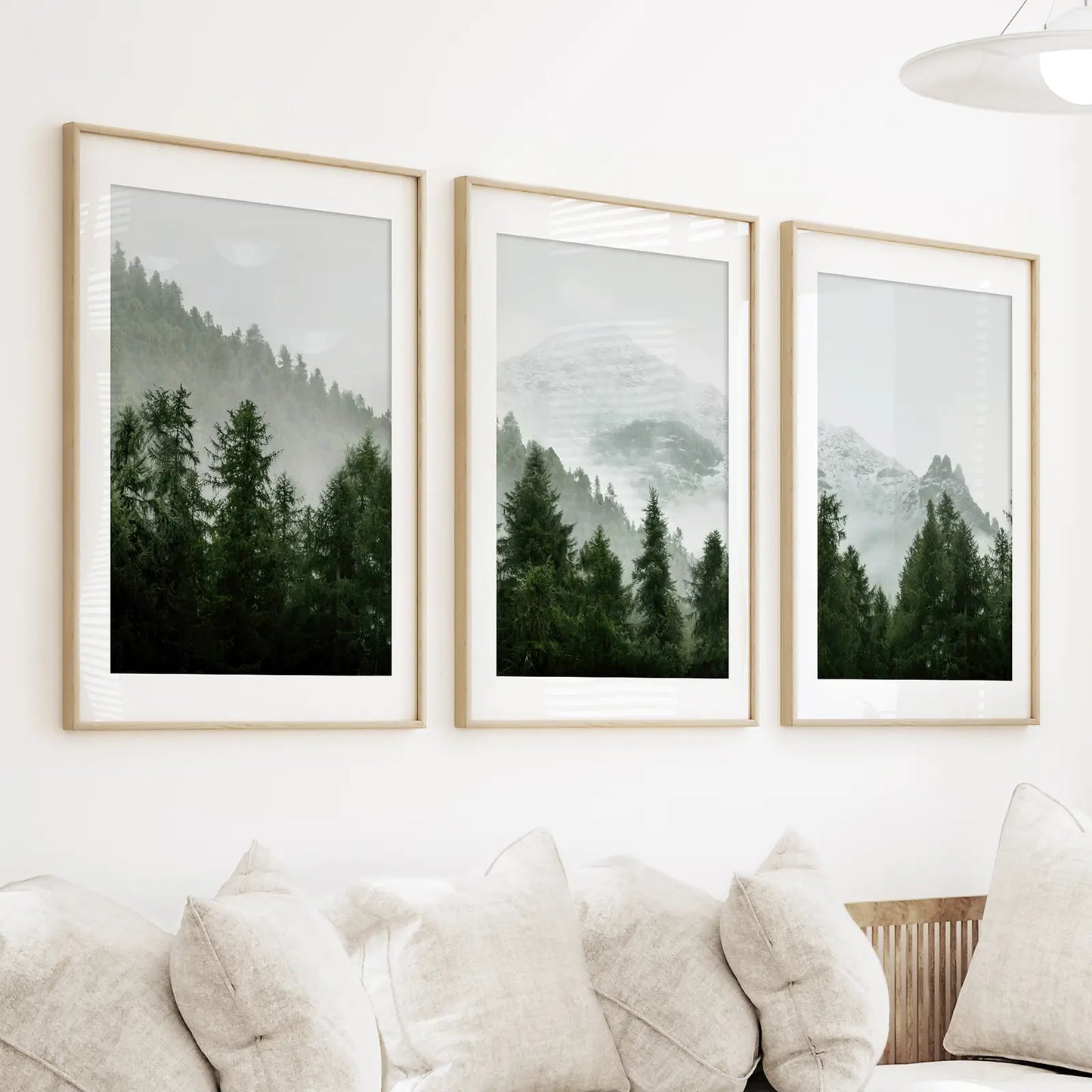 Foggy Forest Wall Art Set of 3. Green Mountain Trees