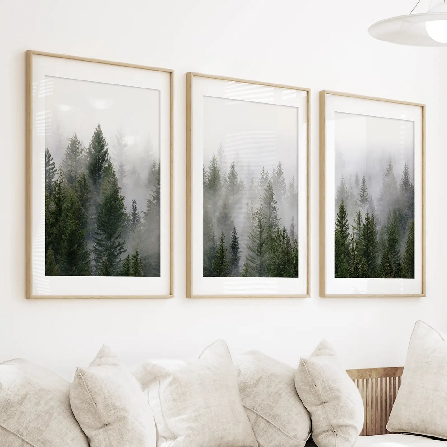 Green Pine Forest Wall Art, Foggy Nature 3 Piece Set