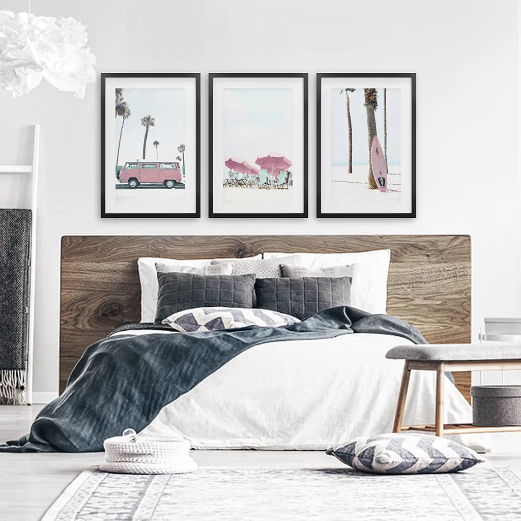 Beach Nursery Wall Art Set of 3. Pink Surfboard, Bus