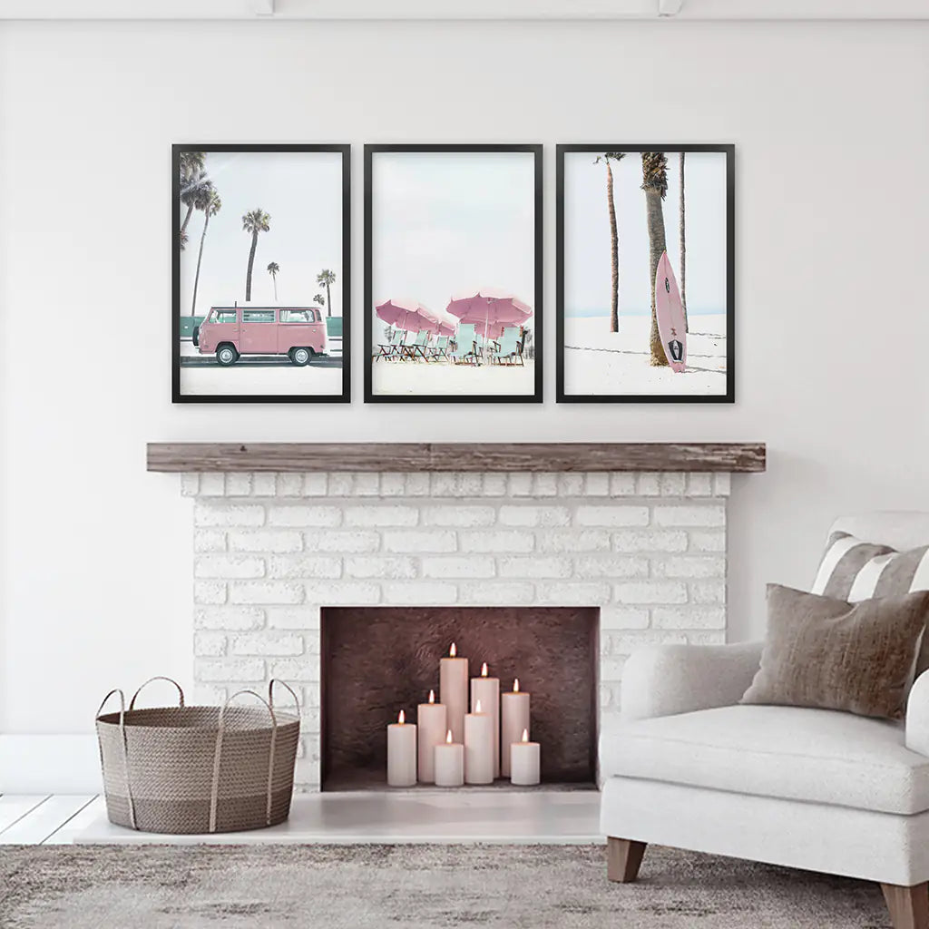 Beach Nursery Wall Art Set of 3. Pink Surfboard, Bus