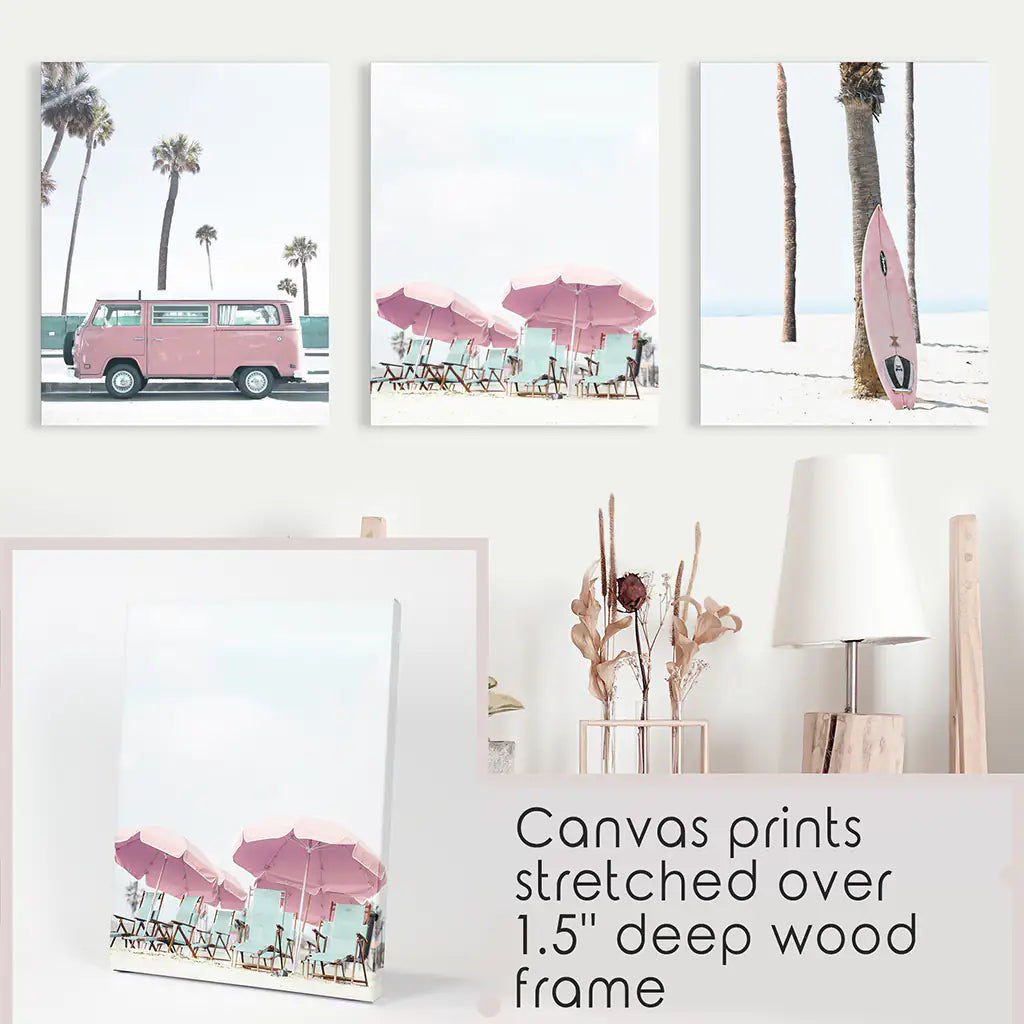Beach Nursery Wall Art Set of 3. Pink Surfboard, Bus