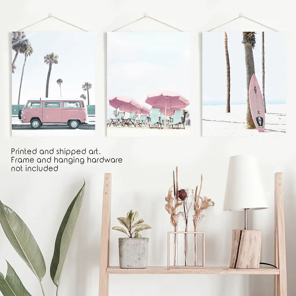 Beach Nursery Wall Art Set of 3. Pink Surfboard, Bus