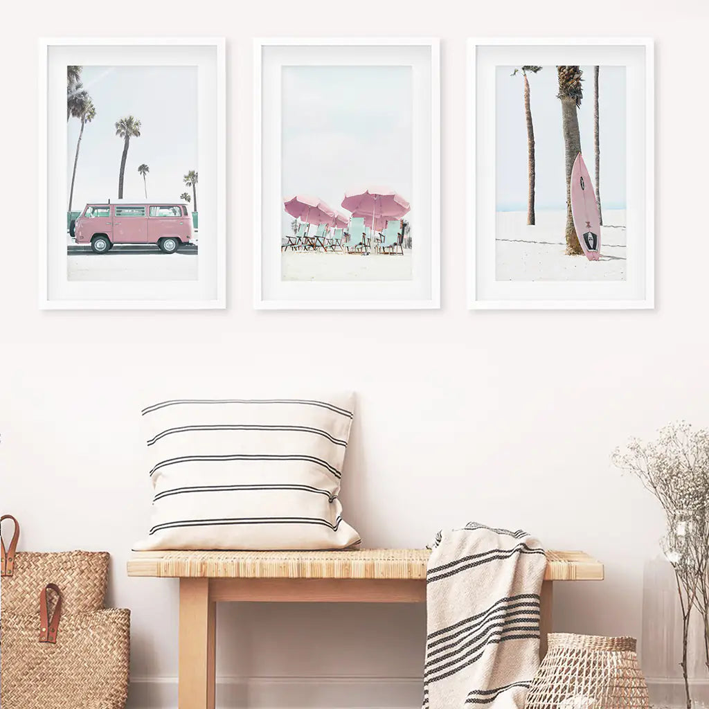 Beach Nursery Wall Art Set of 3. Pink Surfboard, Bus