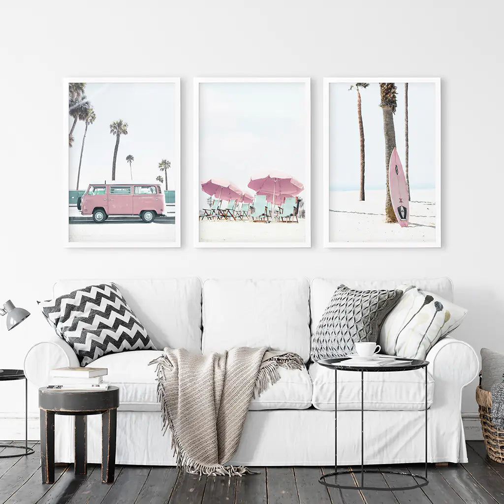 Beach Nursery Wall Art Set of 3. Pink Surfboard, Bus