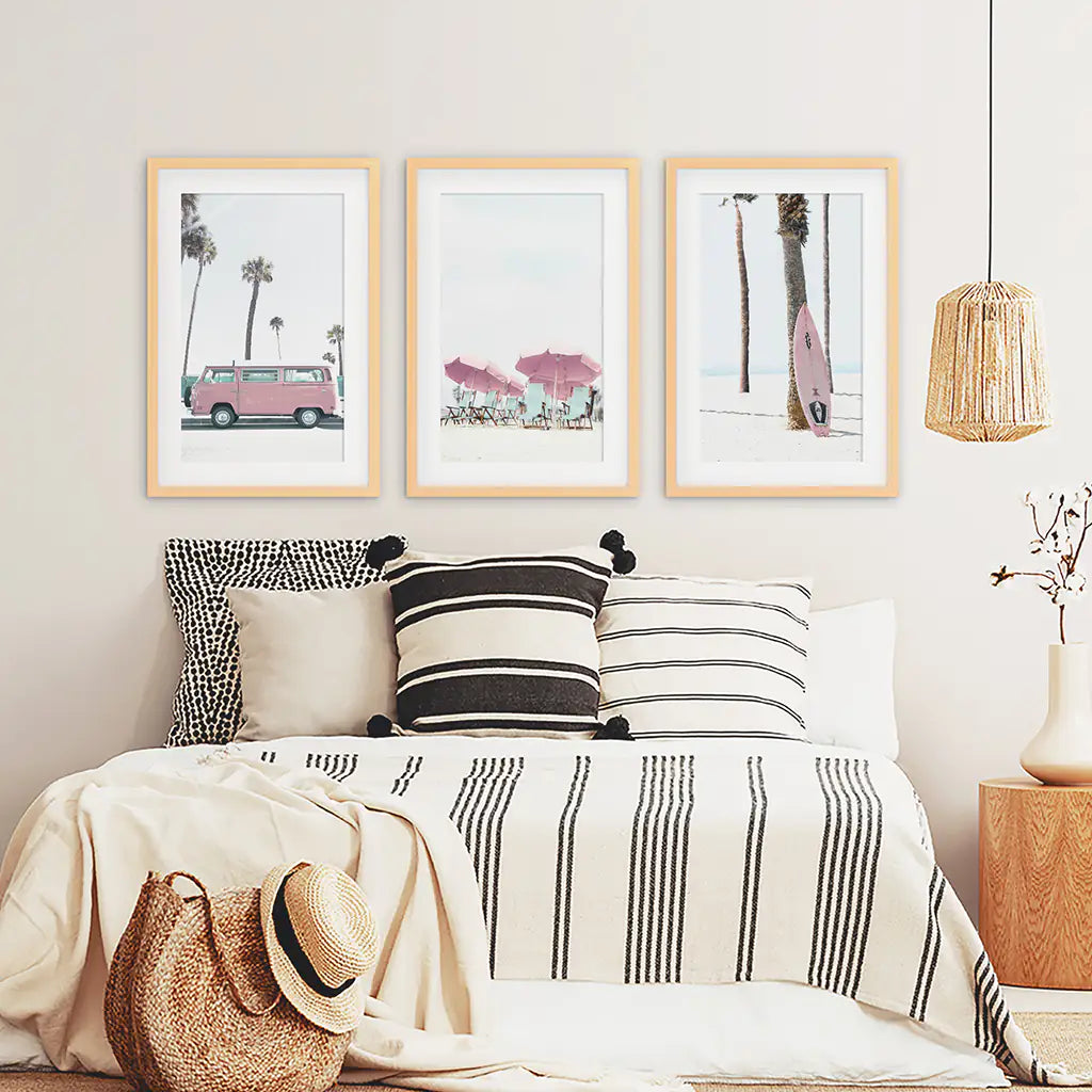 Beach Nursery Wall Art Set of 3. Pink Surfboard, Bus
