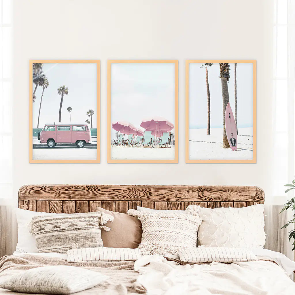 Beach Nursery Wall Art Set of 3. Pink Surfboard, Bus