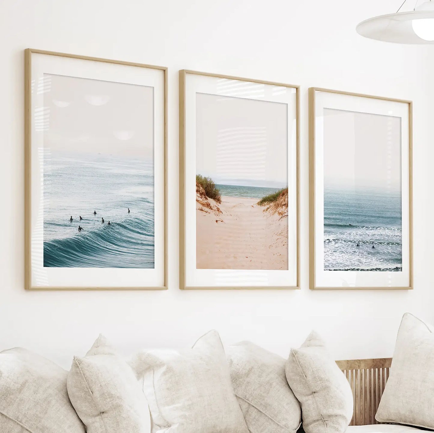 Modern Beach Wall Art Set of 3. Sandy Beach, Surfers