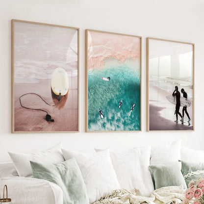 California surf wall art set in beige and turquoise coastal tones