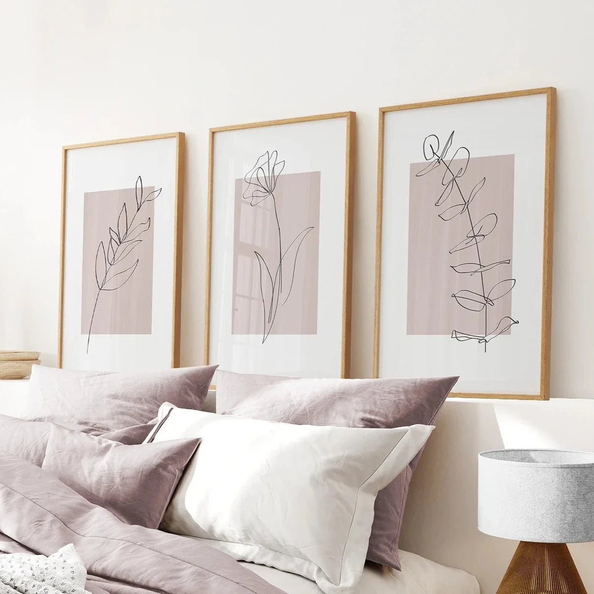 Blush pink botanical line art wall art set of 3 floral prints