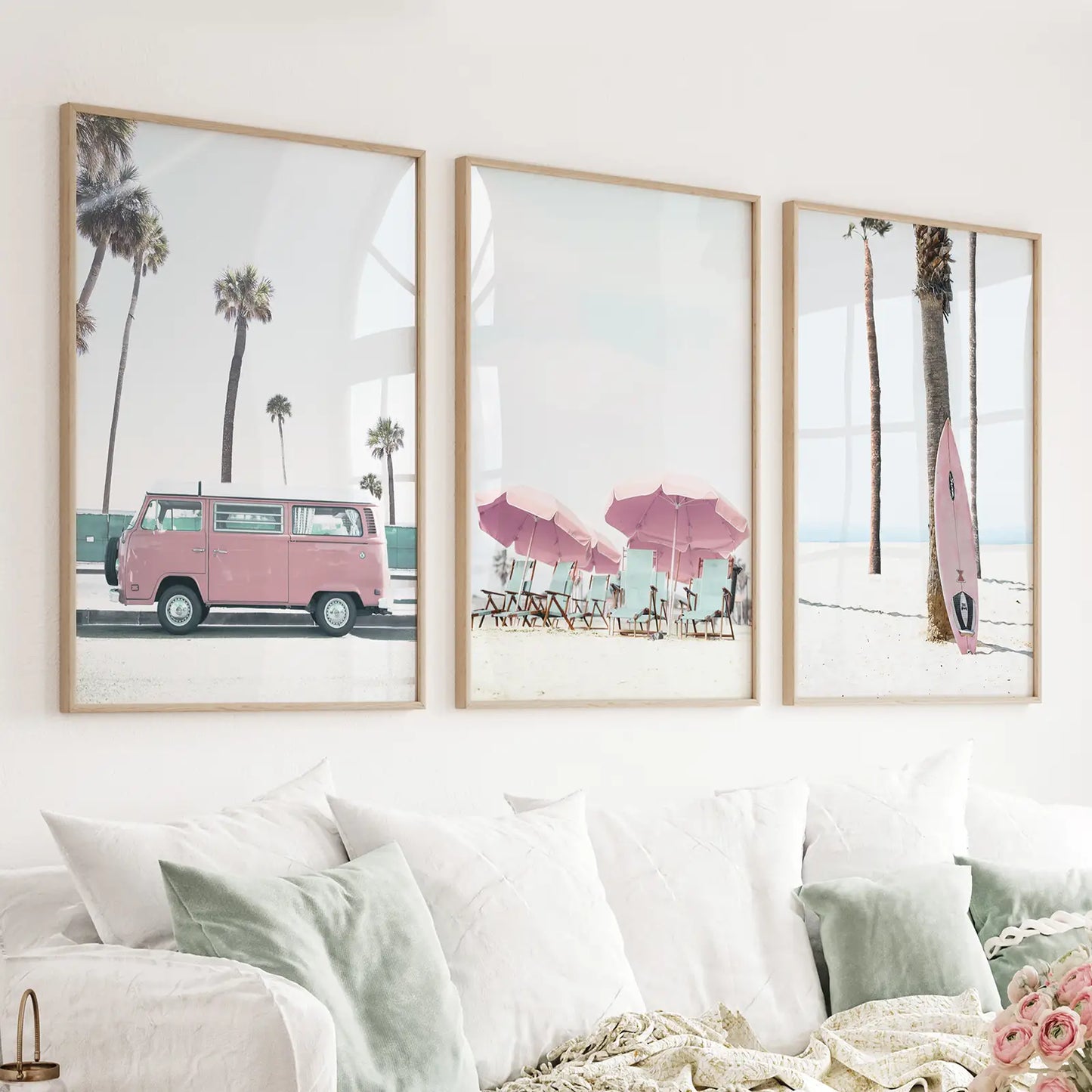 Set of 3 bright beach nursery prints with a pink surfboard, bus, and umbrella