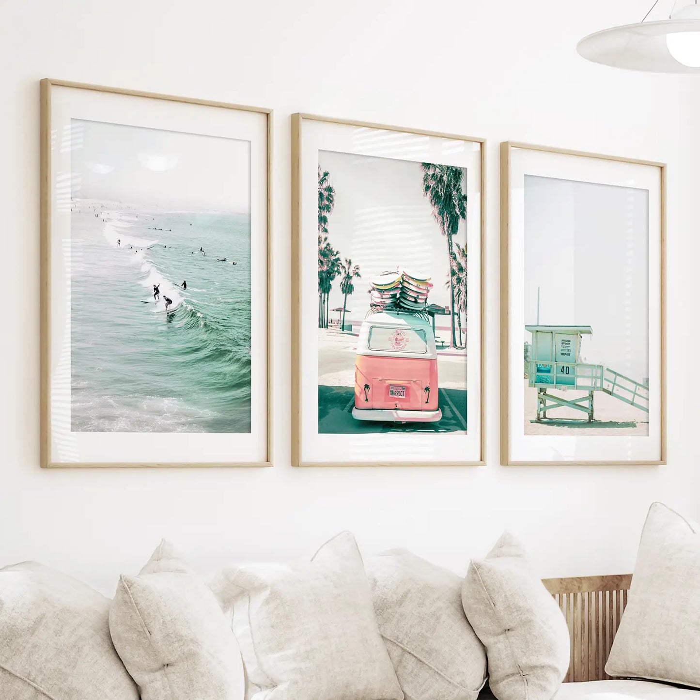 California Coastal Wall Art Set of 3. Pink Bus, Surfers