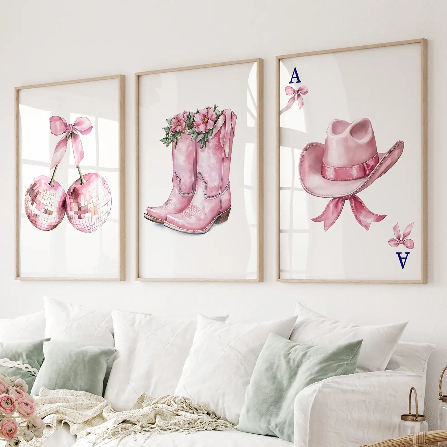 Cowgirl Hat and Boots Pink Wall Art Set of 3