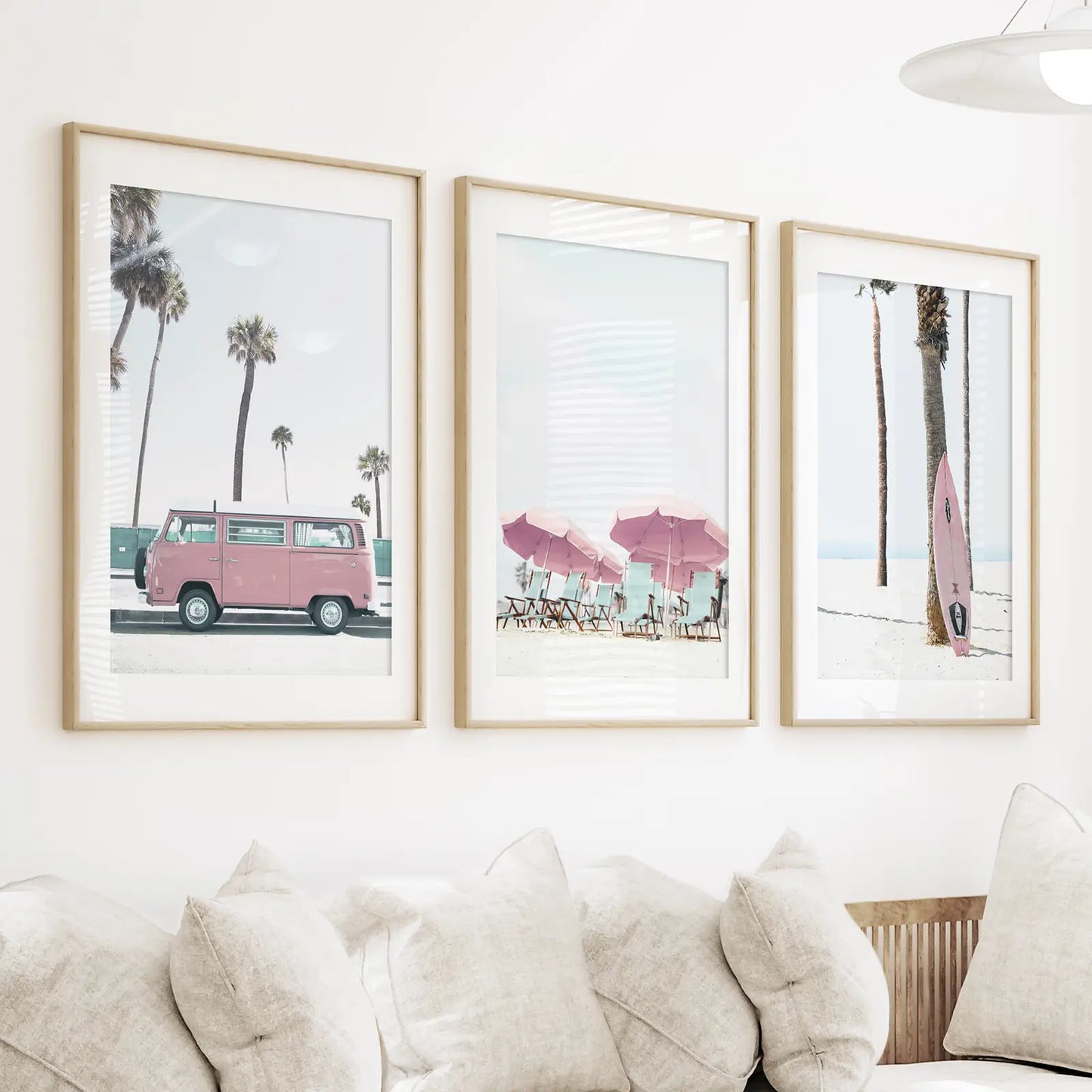 Beach Nursery Wall Art Set of 3. Pink Surfboard, Bus