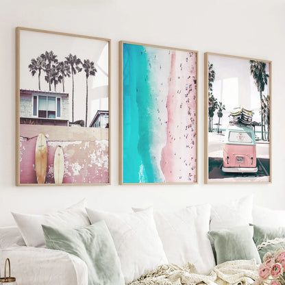 Boho coastal wall art set of 3 with pink camper van, aerial beach, and surf
