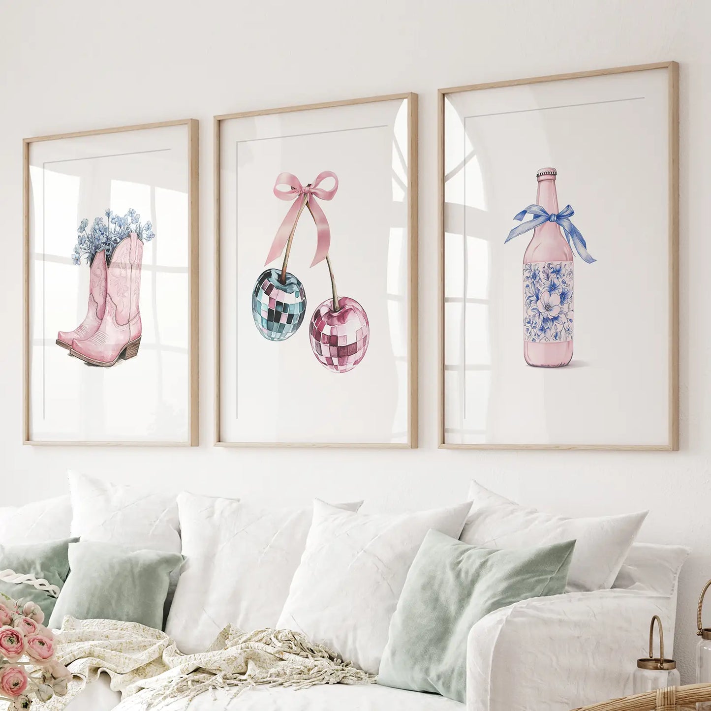 Cherries and disco ball preppy pink wall art print set