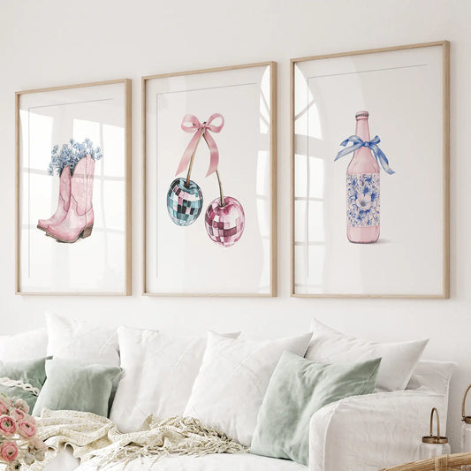 Cherries and disco ball preppy pink wall art print set