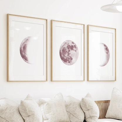 Moon Phases Wall Art Set of 3. Pink Nursery Decor