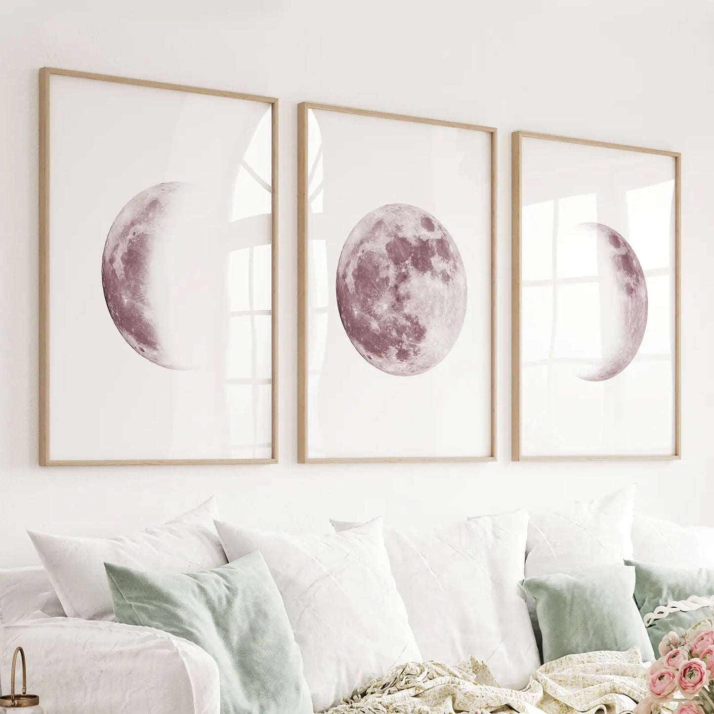 Set of 3 pink moon phase prints for a nursery