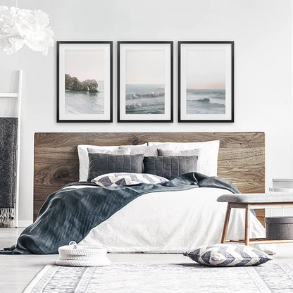 Pink Ocean Sunset Wall Art Set, Coastal Rock and Waves