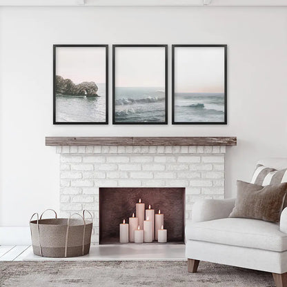 Pink Ocean Sunset Wall Art Set, Coastal Rock and Waves
