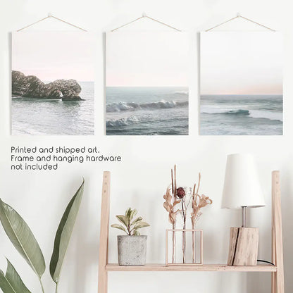 Pink Ocean Sunset Wall Art Set, Coastal Rock and Waves