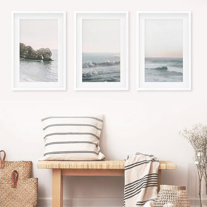 Pink Ocean Sunset Wall Art Set, Coastal Rock and Waves