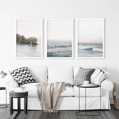 Pink Ocean Sunset Wall Art Set, Coastal Rock and Waves