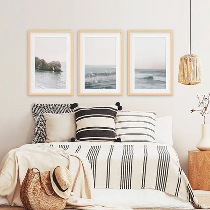 Pink Ocean Sunset Wall Art Set, Coastal Rock and Waves