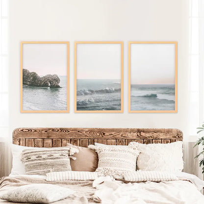 Pink Ocean Sunset Wall Art Set, Coastal Rock and Waves