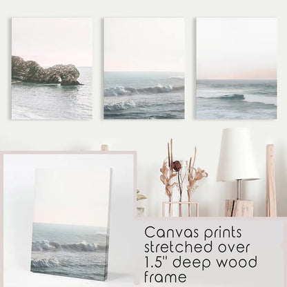 Pink Ocean Sunset Wall Art Set, Coastal Rock and Waves