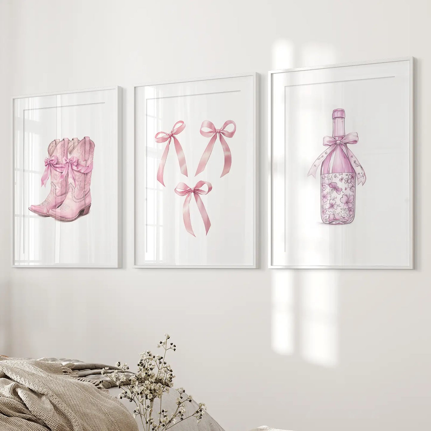 Pink Preppy Western Wall Art Set of 3 Prints Decor