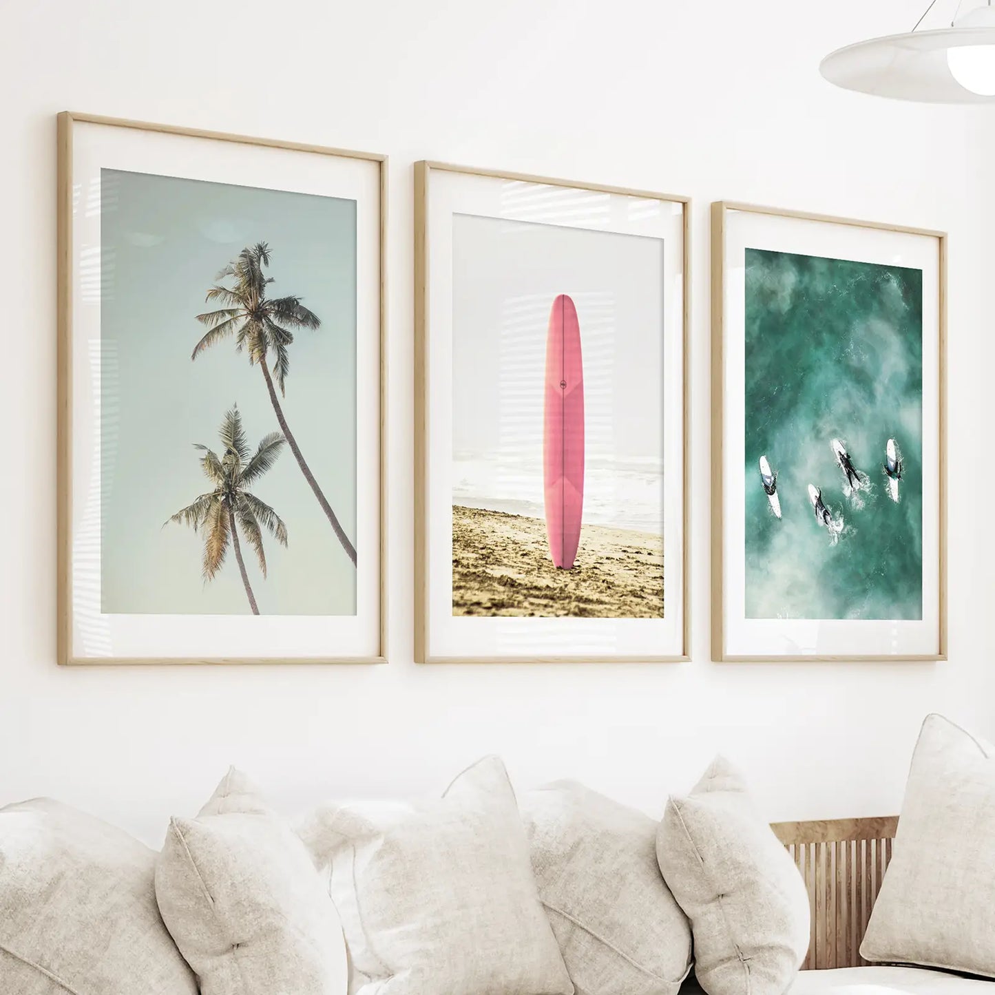 Pink Surfboard Wall Art Set of 3. Pastel Beach, Palms