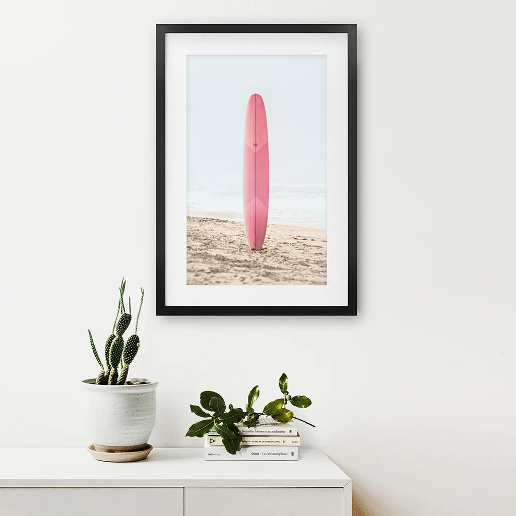 Pink Surfboard on Beach Print - California Coastal Art
