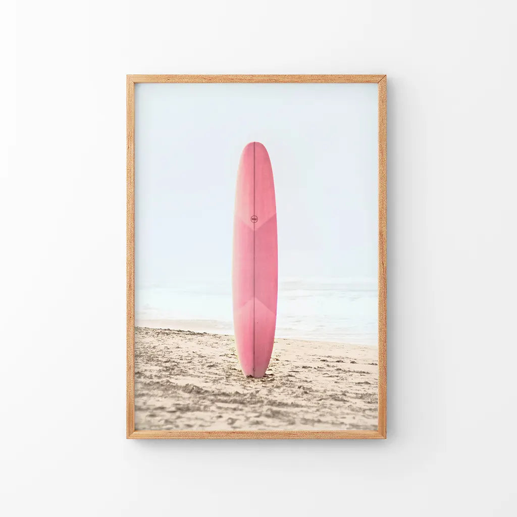Pink Surfboard on Beach Print - California Coastal Art