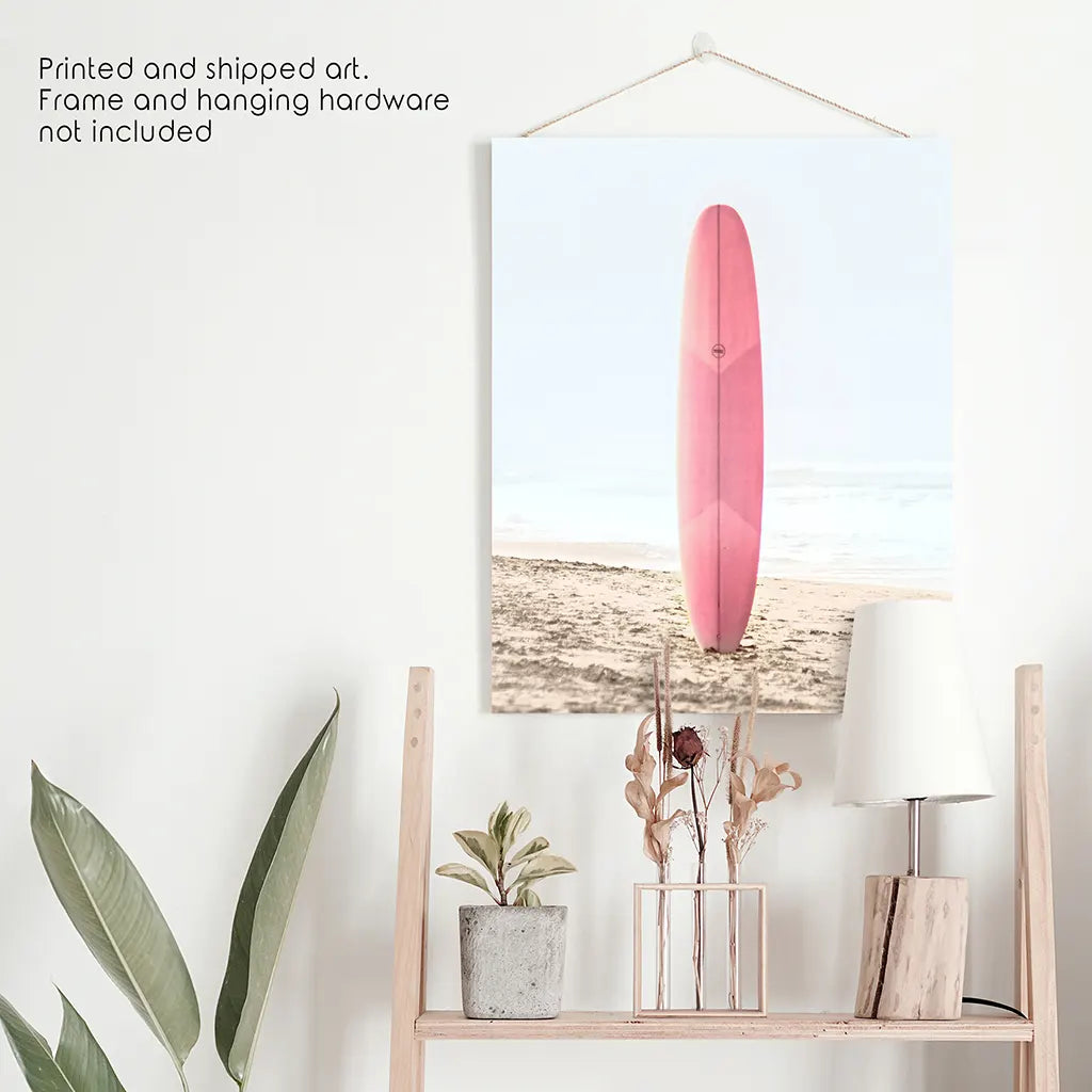 Pink Surfboard on Beach Print - California Coastal Art
