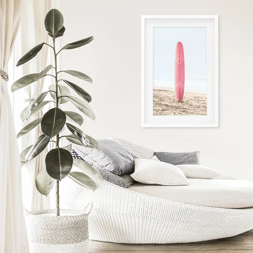 Pink Surfboard on Beach Print - California Coastal Art