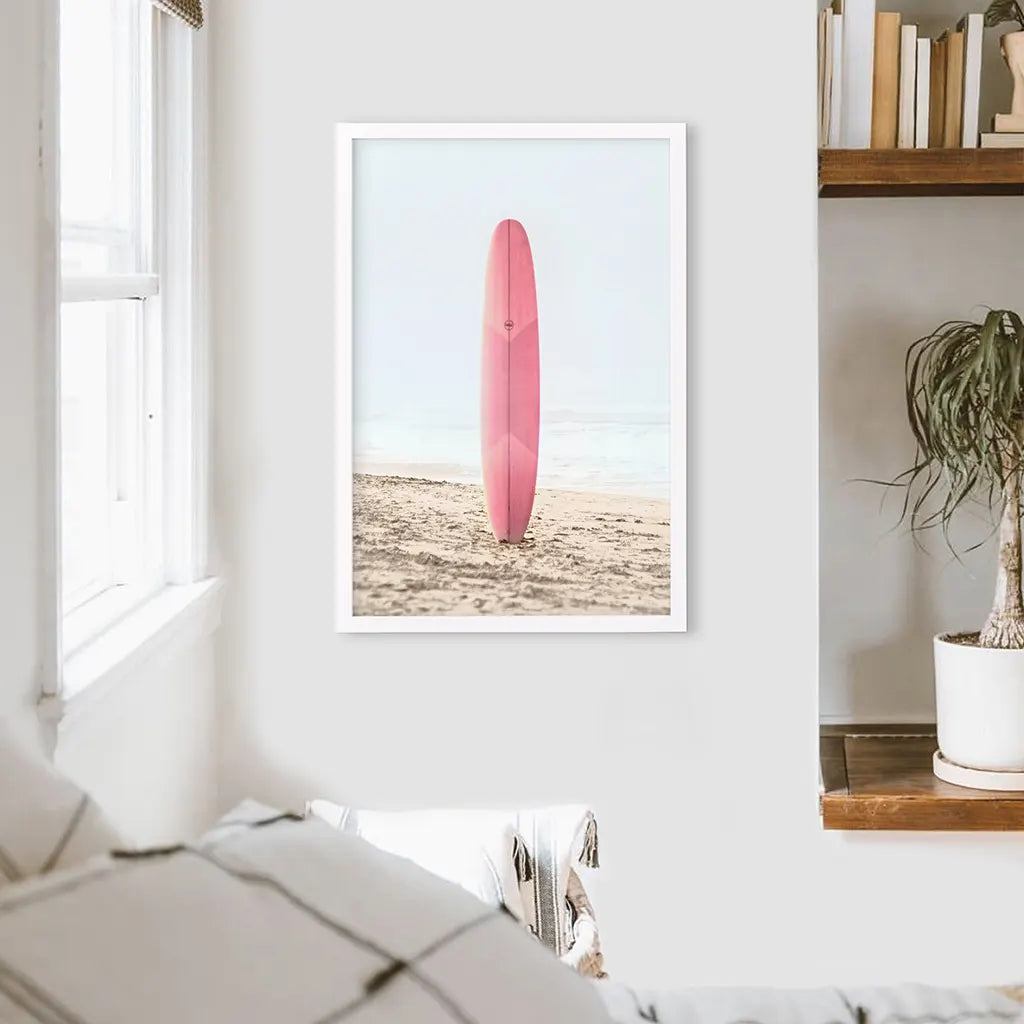 Pink Surfboard on Beach Print - California Coastal Art