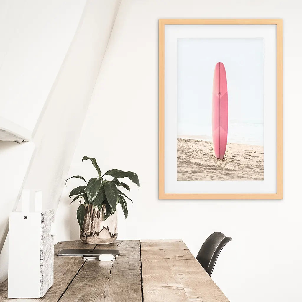 Pink Surfboard on Beach Print - California Coastal Art