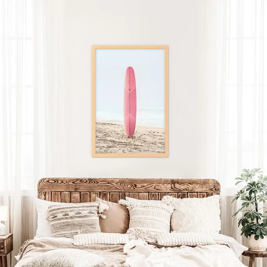 Pink Surfboard on Beach Print - California Coastal Art